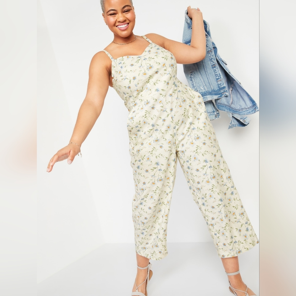Sleeveless Linen-Blend Floral-Print Jumpsuit